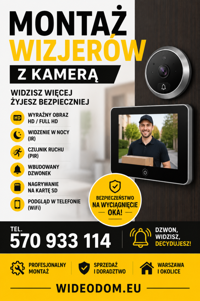 Montaż Wizjerów z kamerą tel 570 933 114 wideodom.eu - Usługi Elektryka do Sprzętów typu AI Dom - Montaż Kamer Wifi i Wideodomofonów oraz systemów monitoringu, alarmów i kamer wewnętrznych Warszawa i okolice.