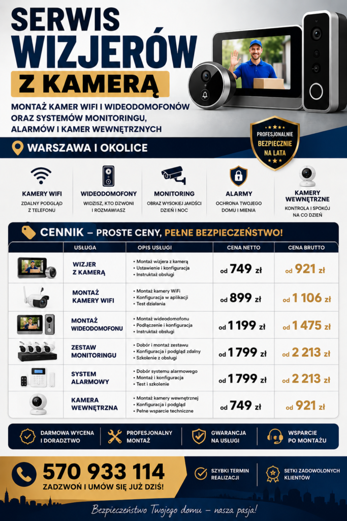 Serwis Wizjerów z Kamerą - Montaż Kamer Wifi i Wideodomofonów oraz systemów monitoringu, alarmów i kamer wewnętrznych Warszawa i okolice. Nasza Oferta