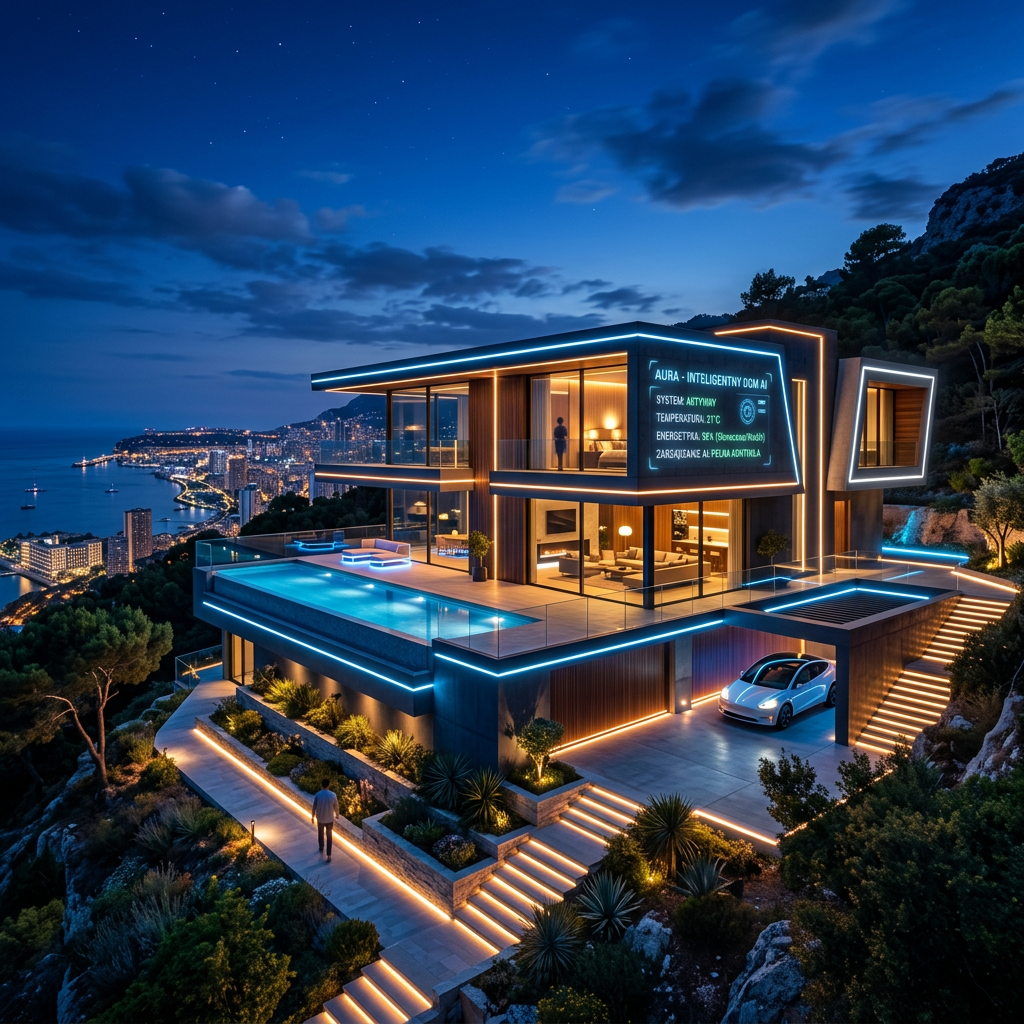 Modern smart home with LED accents, infinity pool, and ocean view at dusk
